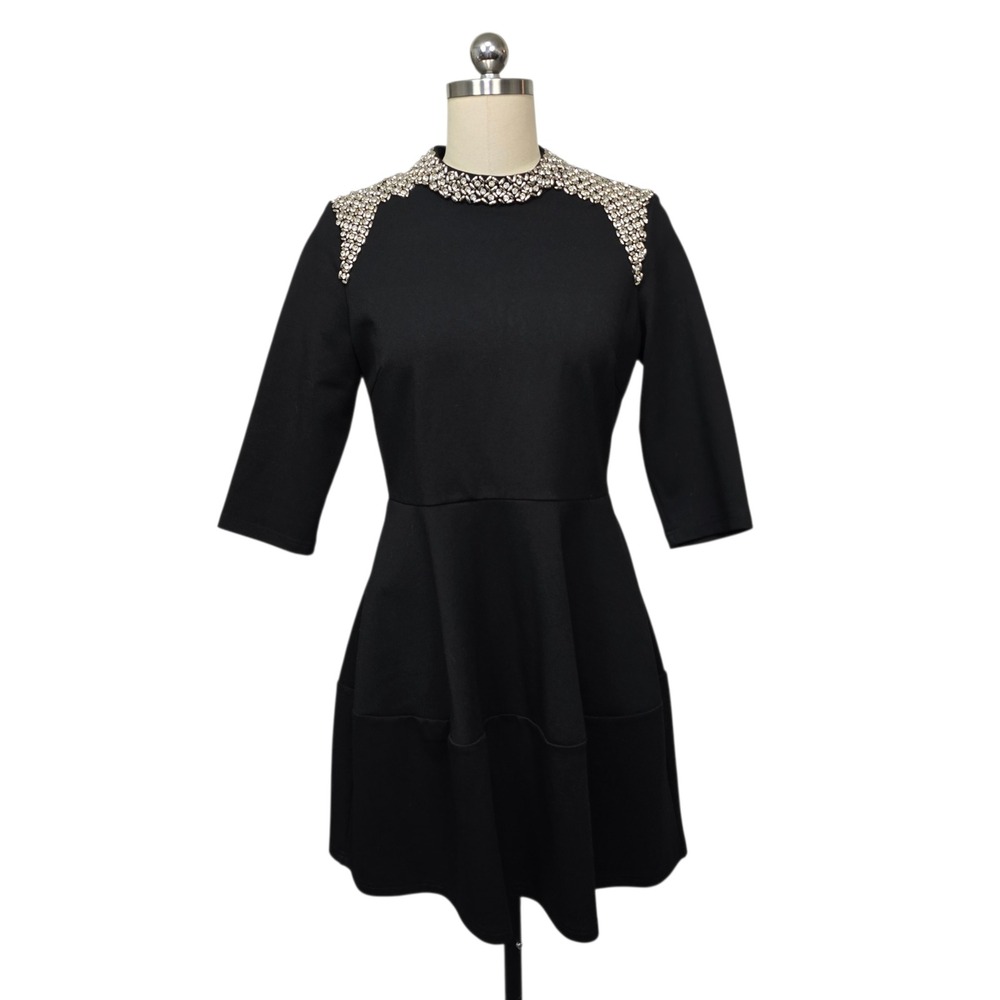 DenMunier Womens Black Embellished Fit Flare Mini Dress Size Med Rhinestone Stud